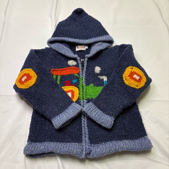 2/$20 Handmade Boys 4 Wool Sweater Full Zip Hooded Train Choo Blue Chunky Knit - Picture 4 of 9